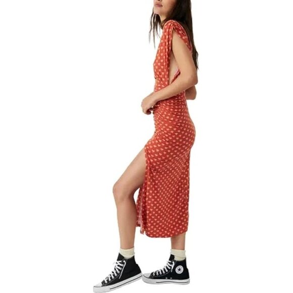 NWT Free People Lakeside Midi Dress Ginger Heart Print Ruched Side Slit Large - Picture 3 of 14